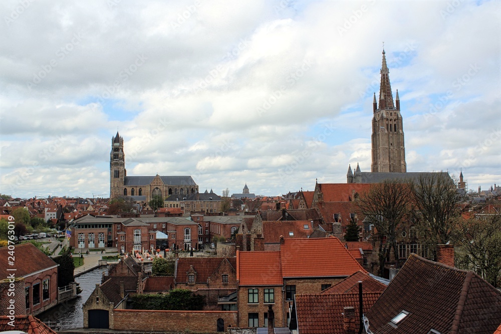 Bruges, Belgium. View of the city center from the roof of the beer factory De Halve Maan.