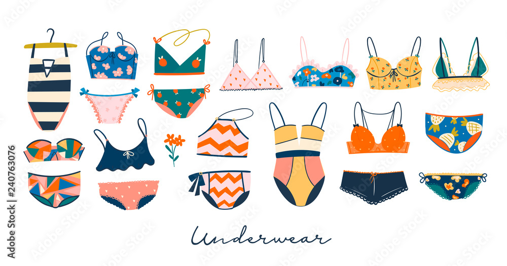 Various lingerie and swimsuits. Hand drawn big colored vector set. All elements are isolated