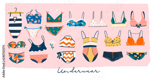 Various lingerie and swimsuits. Hand drawn big colored vector set. Pink background. All elements are isolated