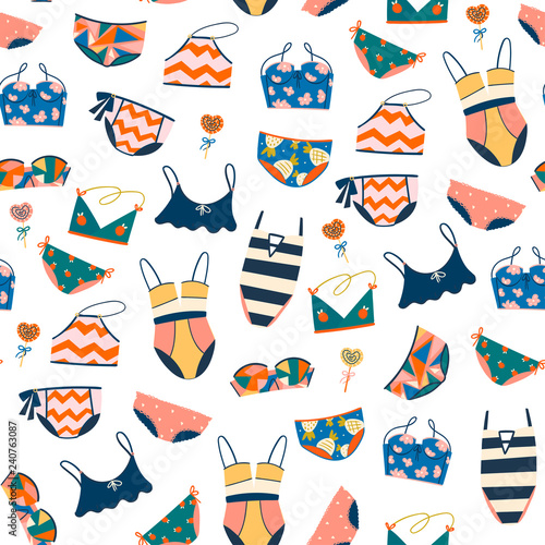 Various swimsuits. Hand drawn colored vector seamless pattern