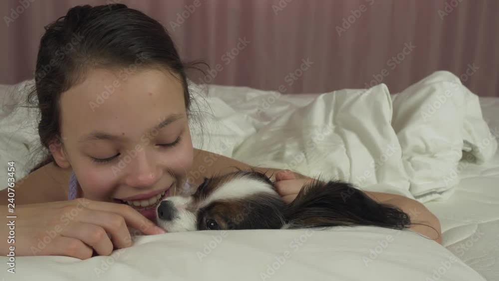 Happy teen girl kisses and plays with dog Papillon in bed stock footage video Happy teen girl kisses and plays with dog Papillon in bed stock footage video