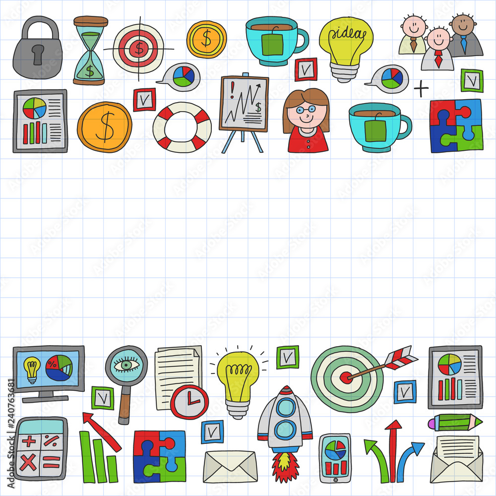 Vector set of bussines icons in doodle style. colorful on a piece of paper on white background. Vector set of bussines icons in doodle style. colorful on a piece of paper on white background.
