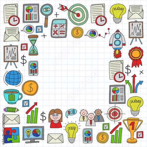 Vector set of bussines icons in doodle style. colorful on a piece of paper on white background.