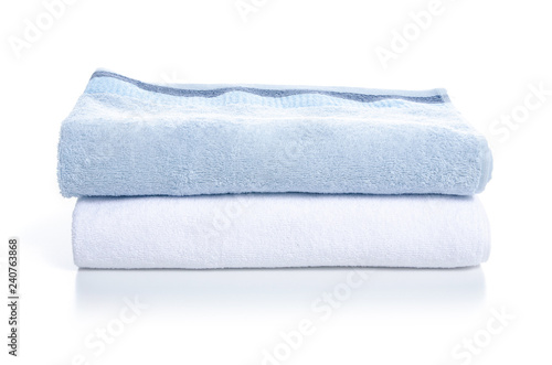 Stack towels white blue on white background isolation