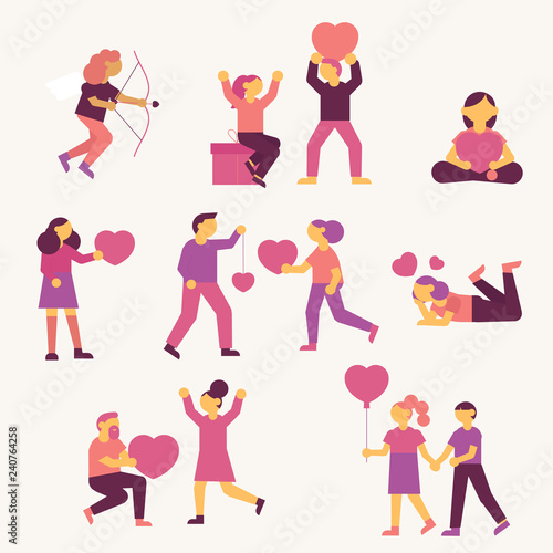 Vector flat simple people with valentine's day symbols.