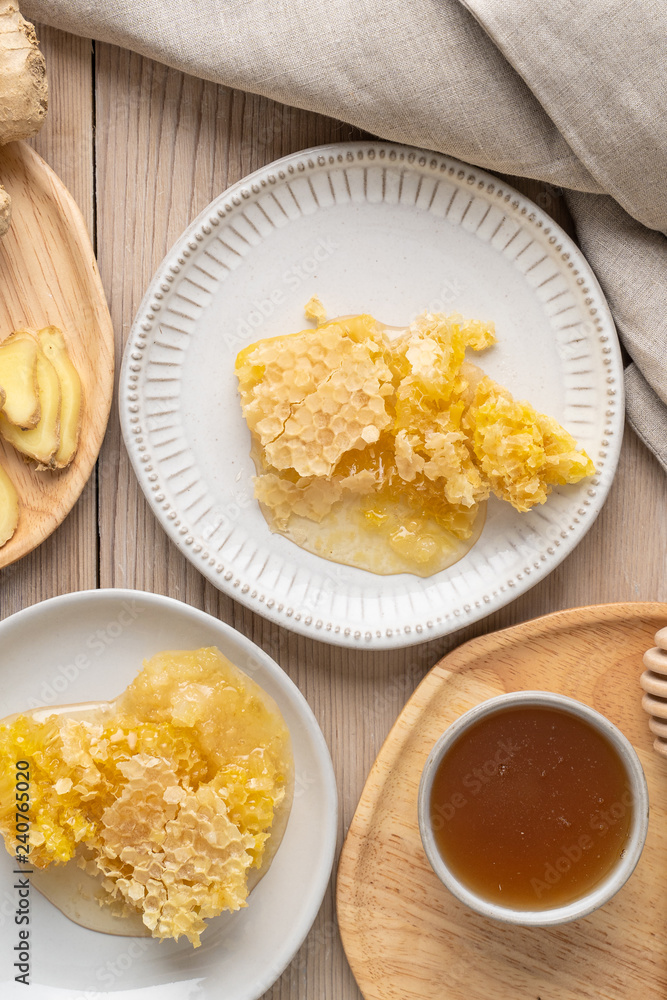 Fresh honeycomb and ginger used for making a therapeutic tea to help combat the flu and other illnesses. 