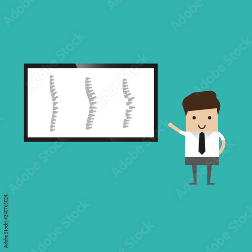 The man points to three spines on the screen. Vector Illustration Man Doctor Studying Problems Spine Patient. Doctor Uses Virtual Reality Glasses Detailed Diagnosis Projection Spine