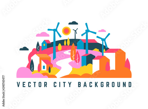 Vector simple geometric city landscape with buildings, hills and trees - logo 