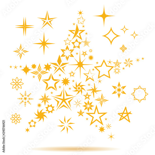 star made of various types and styles of unique gold festive bright iconic stars holidays winter children s graphics decorations  celeberties  winner  top  award  flowers  snowflakes  outer space 