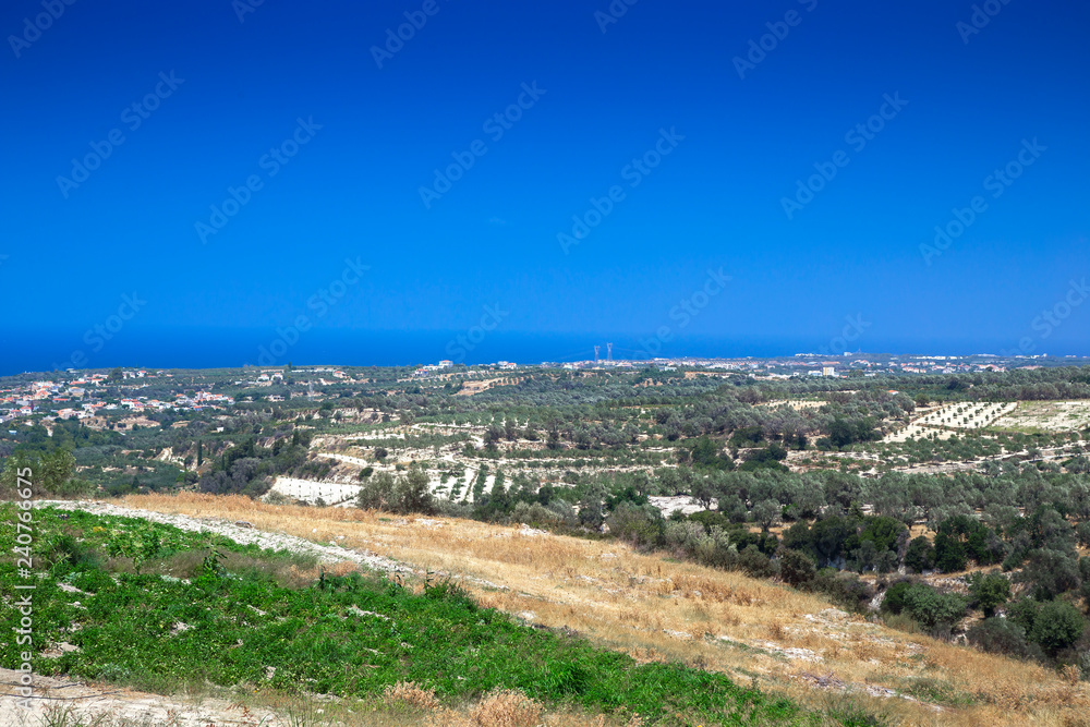 Landscape of Crete island in Greece. Olive tree groves, hills and fields.