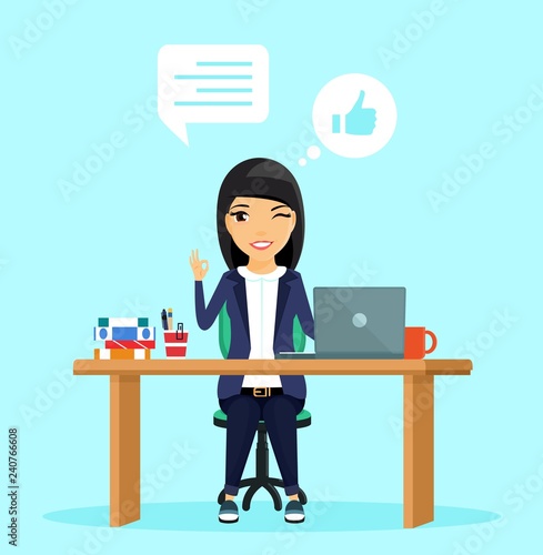 A young girl in the workplace gesture shows that all is well. Speech bubble. Girl winks. In flat style on blue background. Cartoon.