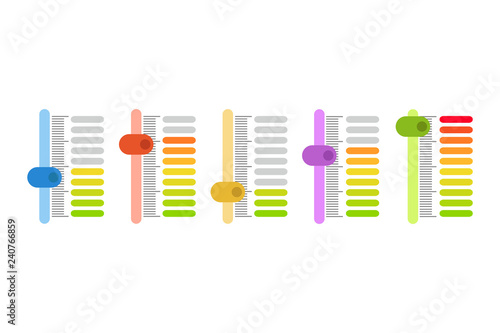 Sound mixer, mixing console faders. Sound bar slider, control panel tumbler. Vector Illustration.