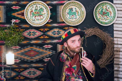 Highlanders Hutsuls in the Carpathians in vintage clothes