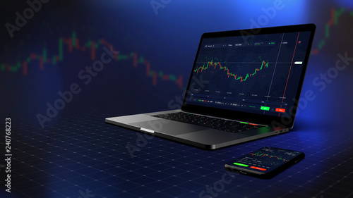 Futuristic stock exchange scene with mobile phone and laptop running concept trading app (3D illustration) 
