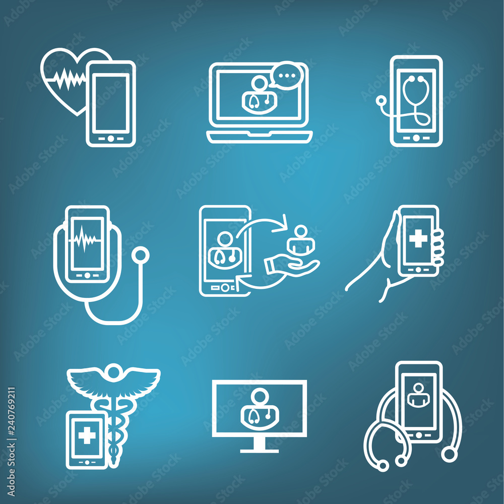 Telemedicine abstract idea with icons illustrating remote health and software Telemedicine abstract idea with icons illustrating remote health and software