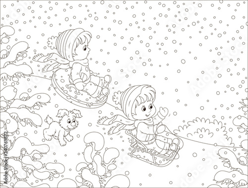 Small children sledding down a snow hill in a snow-covered winter park, black and white vector illustration in a cartoon style for a coloring book