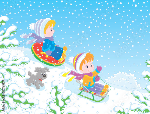 Small children sledding down a snow hill in a snow-covered winter park, vector illustration in a cartoon style