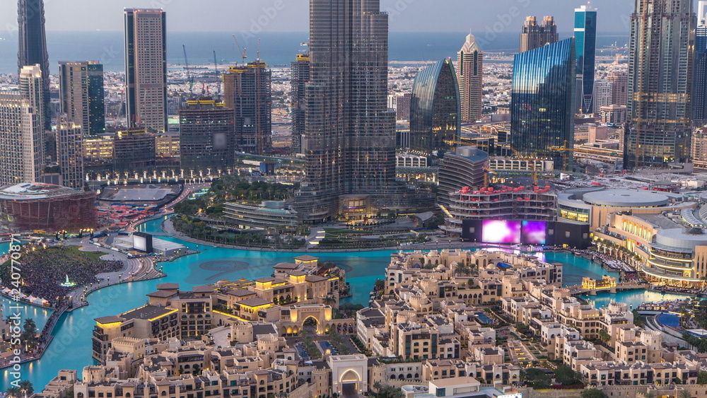 Dubai Downtown day to night timelapse view from the top in Dubai, United Arab Emirates
