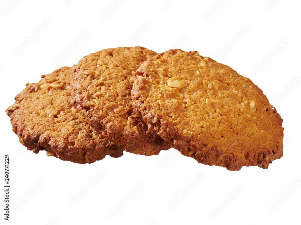 Three oatmeal cookies on a white background Three oatmeal cookies on a white background