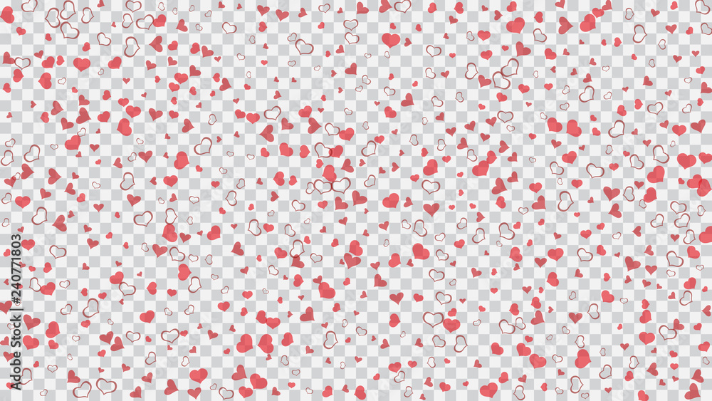 Red on Transparent fond Vector. Spring background. A sample of wallpaper design, textiles, packaging, printing, holiday invitation for Valentine's Day. Red hearts of confetti are falling.