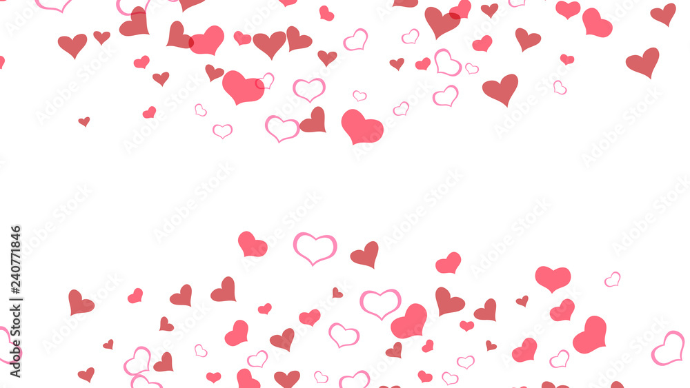Part of the design of wallpaper, textiles, packaging, printing, holiday invitation for Valentine's Day. Spring background. Red on White background Vector. Red hearts of confetti are falling.