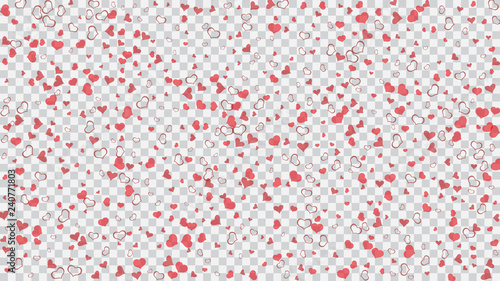 Red on Transparent fond Vector. Spring background. A sample of wallpaper design, textiles, packaging, printing, holiday invitation for Valentine's Day. Red hearts of confetti are falling.