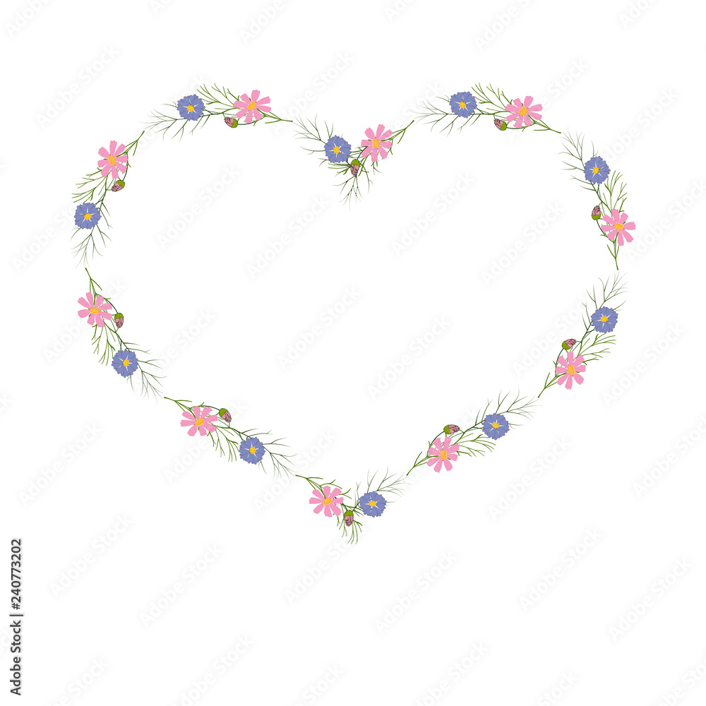 Naklejka premium delicate wreath in the shape of a heart of flowers in the doodle-style.