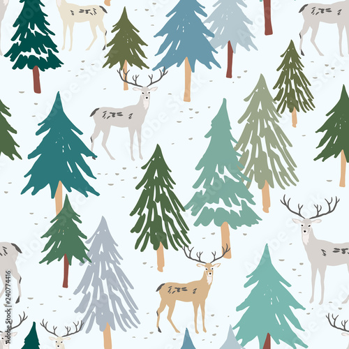 Christmas seamless pattern, white background. Forest deer, green fir, spruce trees. Vector illustration. Nature design. Season greeting digital paper. Winter Xmas holidays. Cute woodland animals