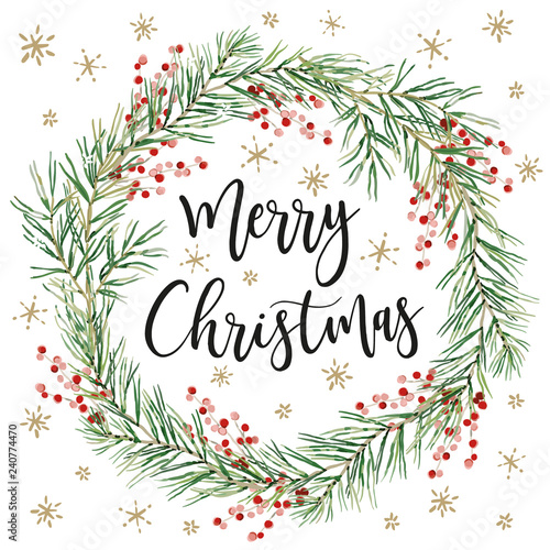 Merry Christmas wreath with quote, white background. Green pine twigs and red berries. Vector illustration. Nature design greeting card template. Winter holidays. Xmas day, gold snowflakes