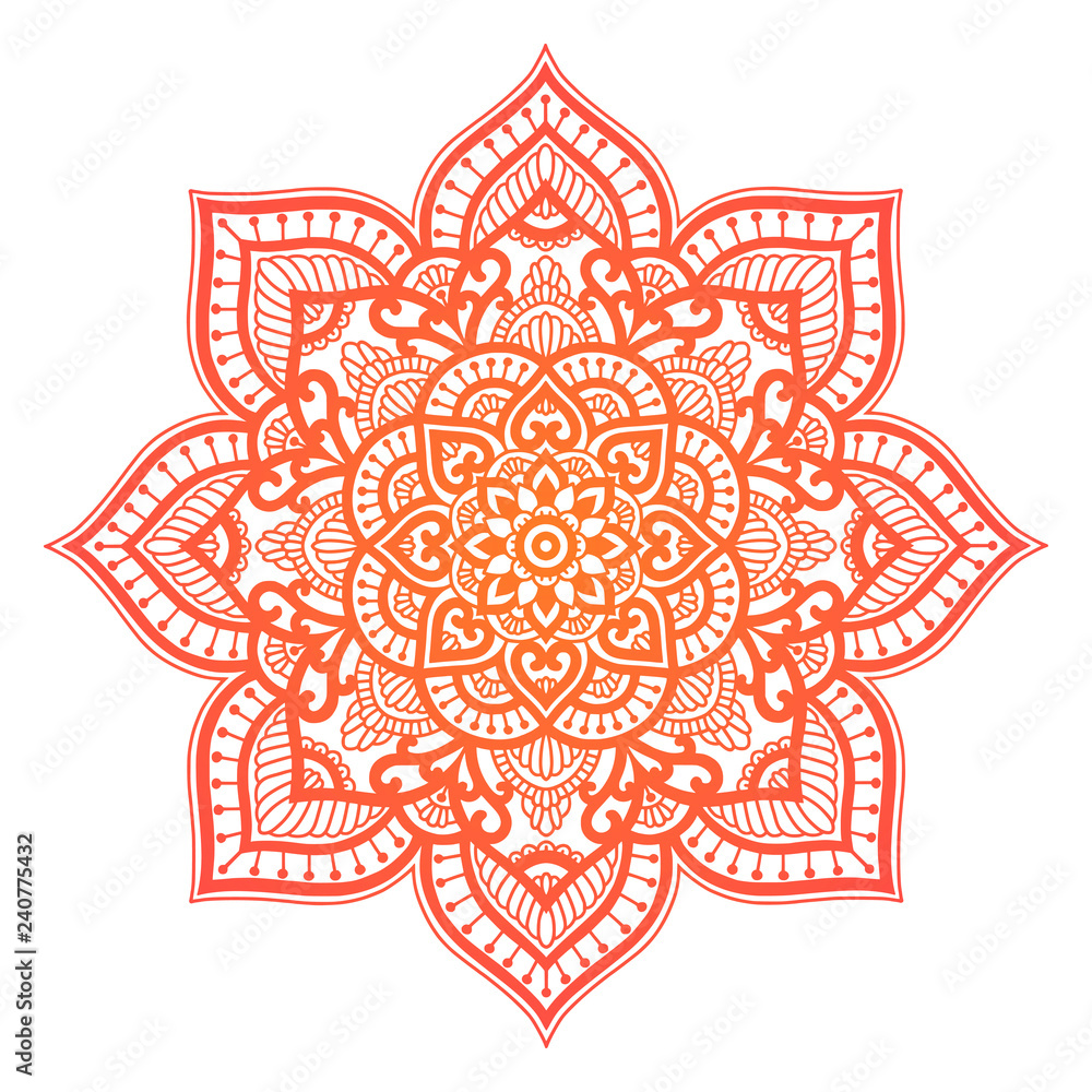 Mandala. Ethnic round ornament. Hand drawn indian motif. Mehendi meditation yoga henna theme. Unique red floral print.