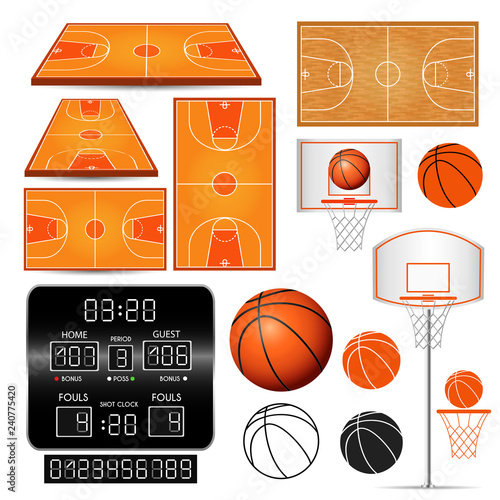 Basketball basket, hoop, ball, scoreboard