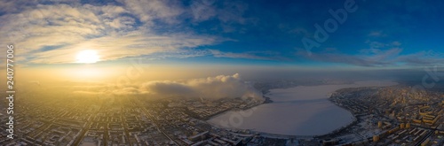 sunset over the winter lake