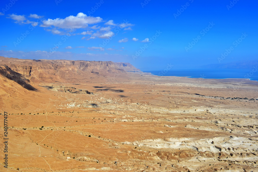 View of the  Dead Sea and Judaean Desert from Masada fortress, Israel