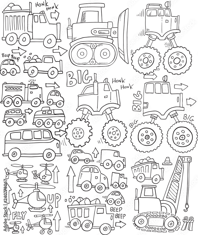 Cute Transportation Doodle Vector Set Illustration