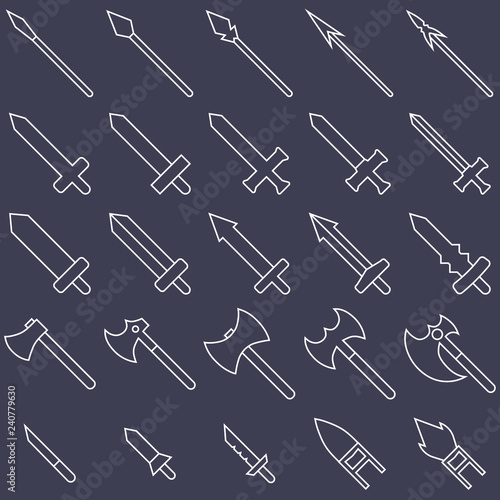 Set of 25 outline weapon icons isolated on white background. Medieval weapon silhouette. Vector illustration for your design, game, card, web.