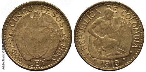 Tablou pe pânză Colombia Colombian golden coin 5 five pesos 1919, arms, condor sitting on shield