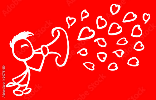 Stick man making hearts with a trumpet__red background by jziprian