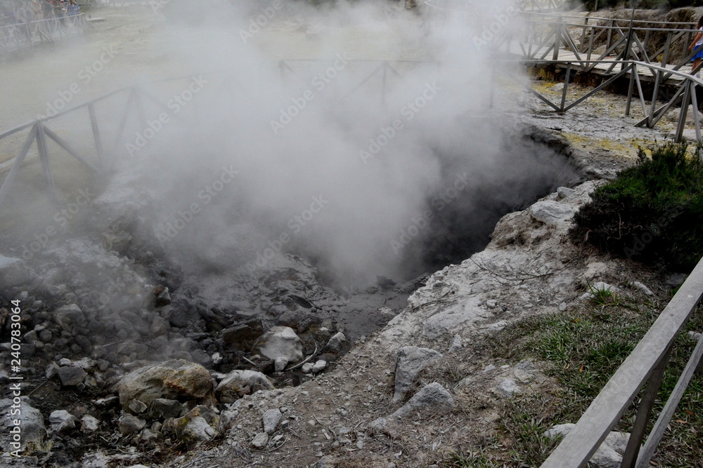 Geysers, Volcano Caldera Hot Springs Fumarole Bubbling Smoking in Furnas, Sao Miguel, Azores, Portugal