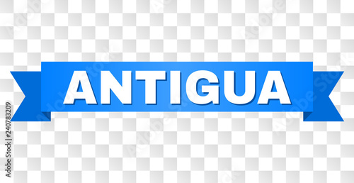 ANTIGUA text on a ribbon. Designed with white caption and blue stripe. Vector banner with ANTIGUA tag on a transparent background.