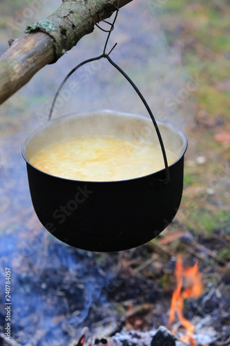 soup is cooked in smoked tourist kettle