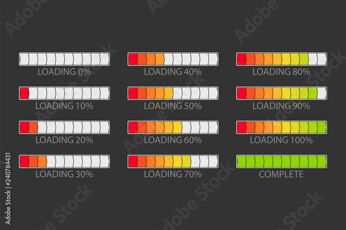 A set of icons of the progress bar. Loading progress indicator, download process, load icon, download time, loading bar. Vector illustration in a flat style isolated on background.