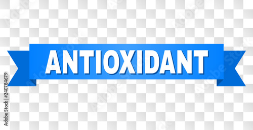 ANTIOXIDANT text on a ribbon. Designed with white title and blue stripe. Vector banner with ANTIOXIDANT tag on a transparent background.