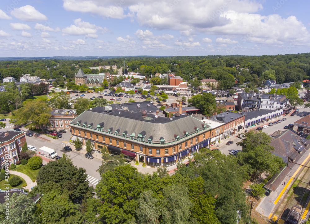 Historic building in Union Street Historic District aerial view in Newton Centre, Massachusetts, USA.