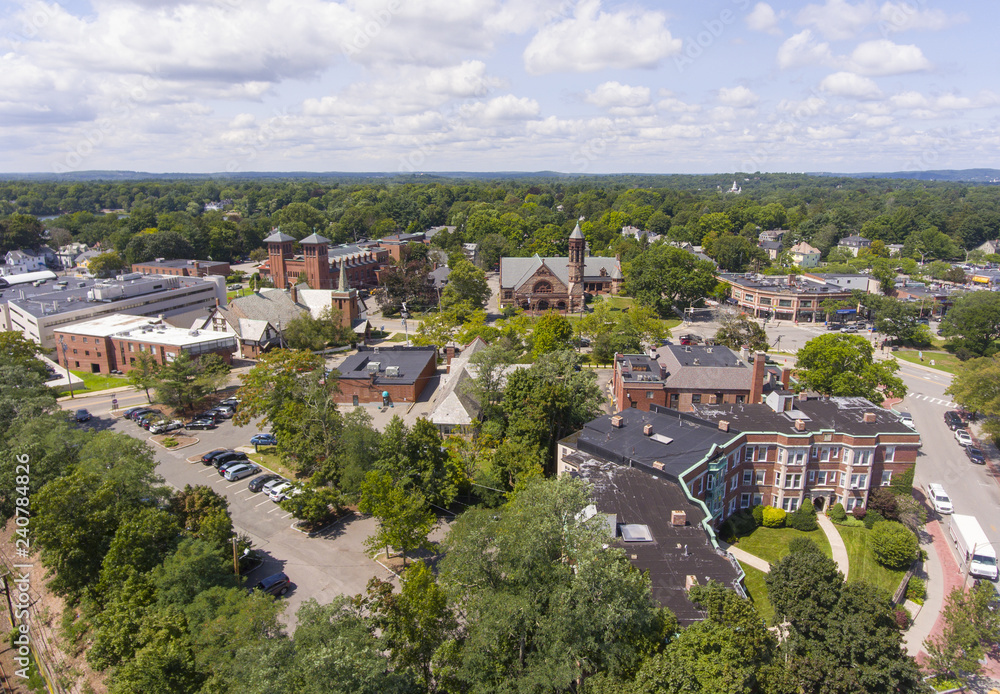 Lutheran Church, Sacred Heart Parish and First Baptist Church aerial view in Newton Centre, Massachusetts, USA.