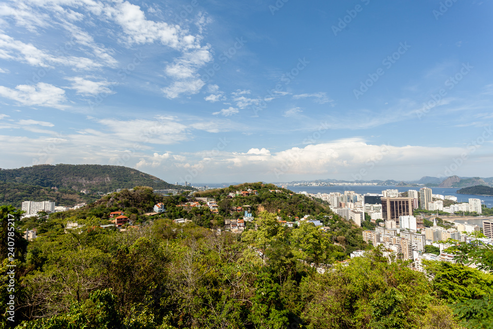 Panoramic view of the city centre of Rio de Janeiro seen trough greenery from a high vantage point with the city and port in the foreground on a bright day with blue sky