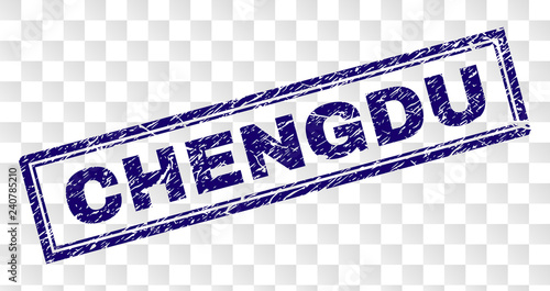 CHENGDU stamp seal imprint with rubber print style and double framed rectangle shape. Stamp is placed on a transparent background. Blue vector rubber print of CHENGDU title with unclean texture.
