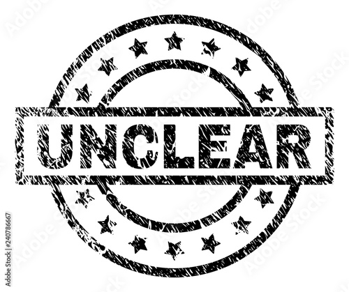 UNCLEAR stamp seal watermark with distress style. Designed with rectangle, circles and stars. Black vector rubber print of UNCLEAR caption with dust texture.