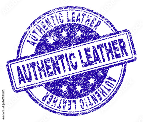 AUTHENTIC LEATHER stamp seal imprint with distress texture. Designed with rounded rectangles and circles. Blue vector rubber print of AUTHENTIC LEATHER title with unclean texture.