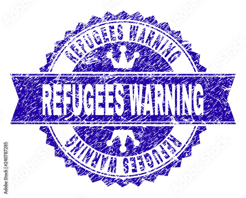 REFUGEES WARNING rosette stamp seal imprint with grunge style. Designed with round rosette, ribbon and small crowns. Blue vector rubber print of REFUGEES WARNING text with corroded style.