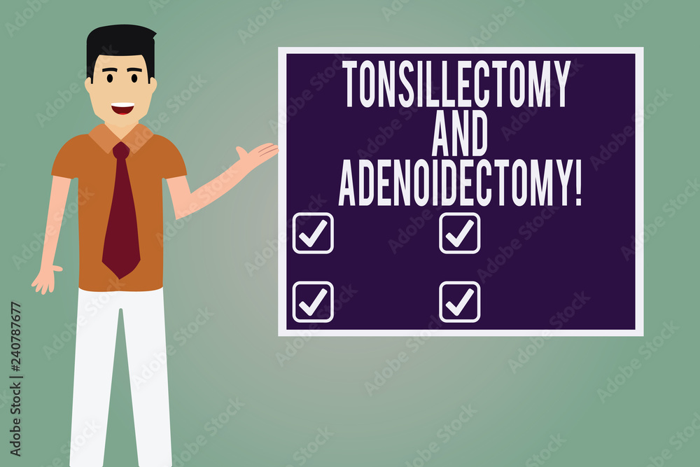 Word writing text Tonsillectomy And Adenoidectomy. Business concept for Procedure in removing tonsil and adenoid Man with Tie Standing Talking Presenting Blank Color Square Board photo Word writing text Tonsillectomy And Adenoidectomy. Business concept for Procedure in removing tonsil and adenoid Man with Tie Standing Talking Presenting Blank Color Square Board photo